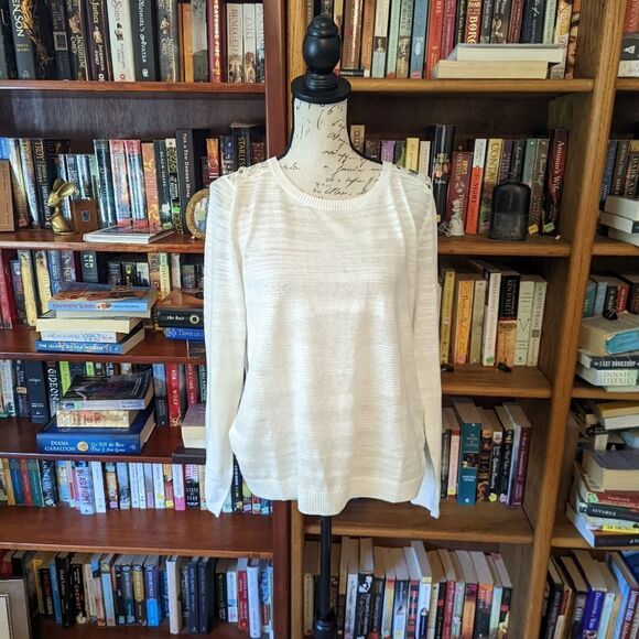 Cabi Sophia White Long Sleeve Sheer Lace Back Crew Neck Light Sweater Sz S Nwt - Picture 2 of 5